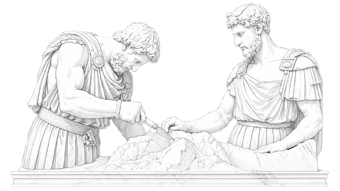Classical figures collaborating over a plan