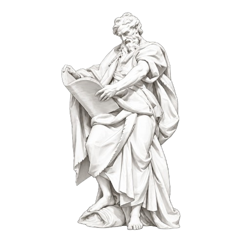 Classical statue reading a scroll for writing and research